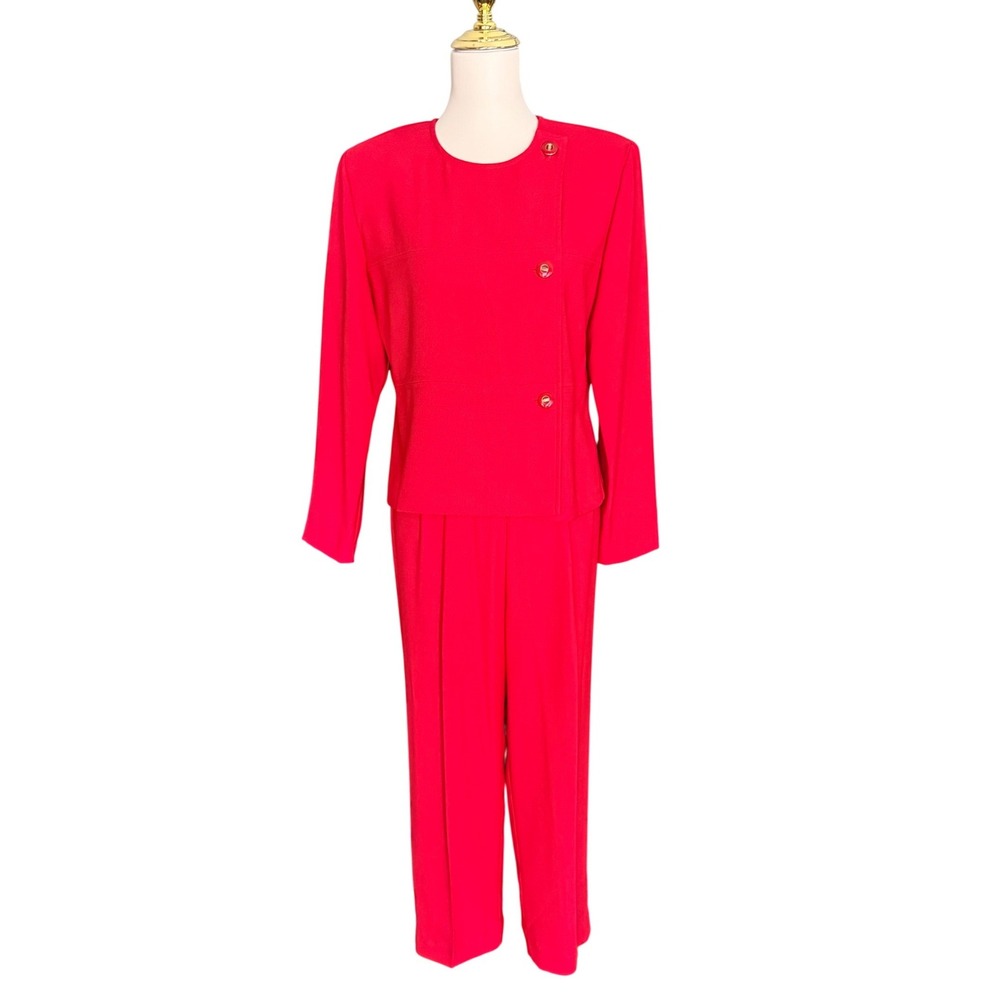 Vintage Red 2 Piece Pant Suit‎ Asymmetrical Button Blazer Pleated Trousers 1980s